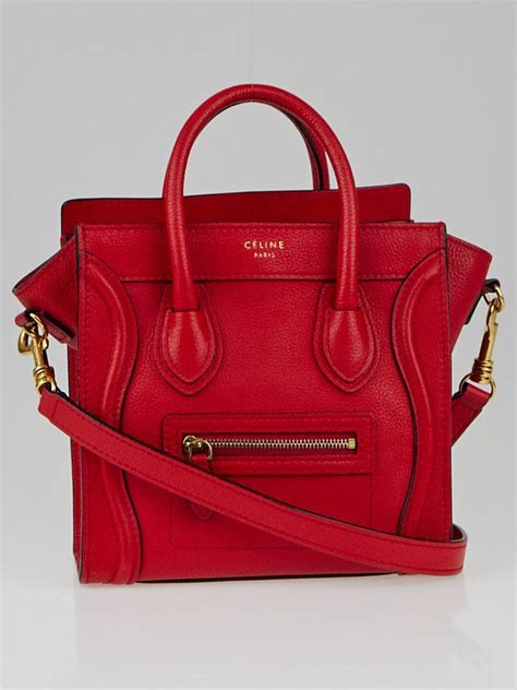 CELINE Drummed Leather Nano Luggage Coquelicot